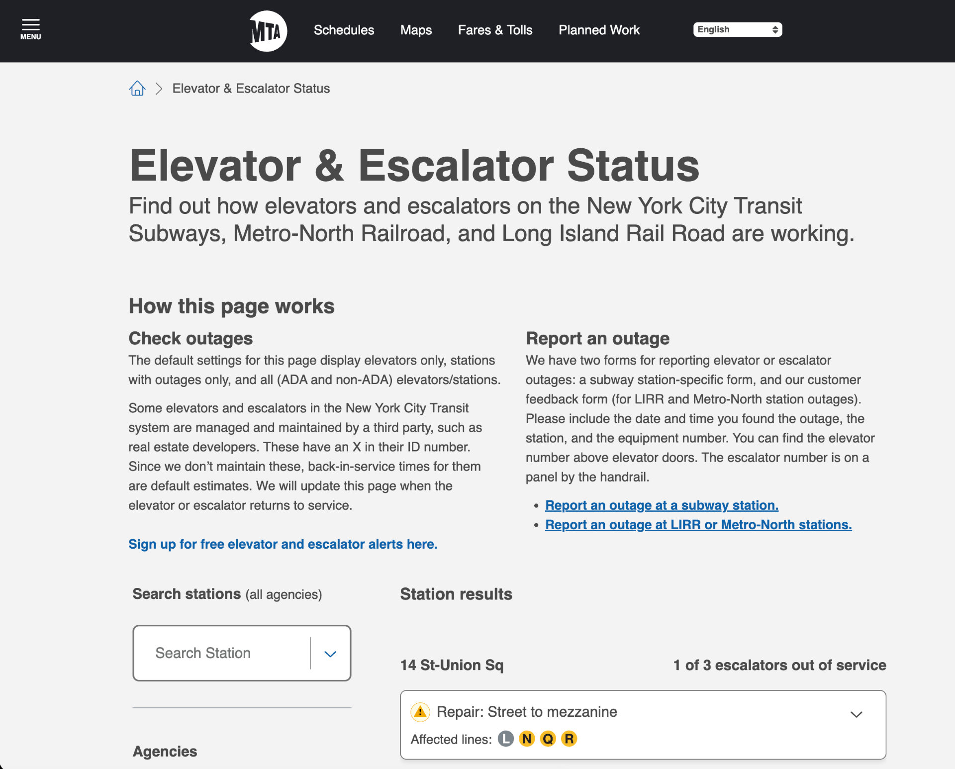 Elevator & Escalator Status — Page Design